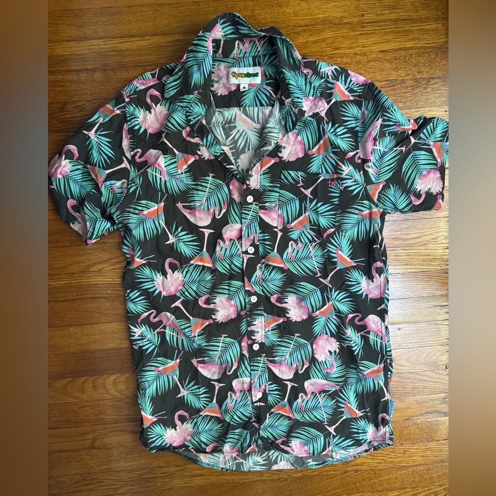 Tipsy Elves Men’s Flamingo and Palm Leaf Button-Up Shirt